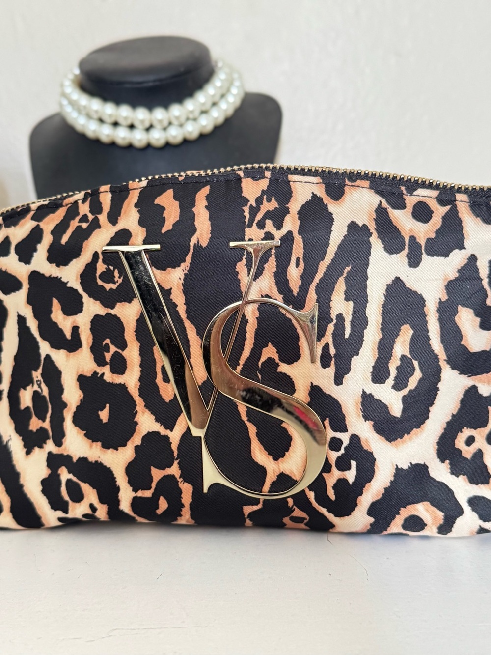 Victoria's Secret Leopard Print Cosmetic Pouch with Gold VS Emblem
